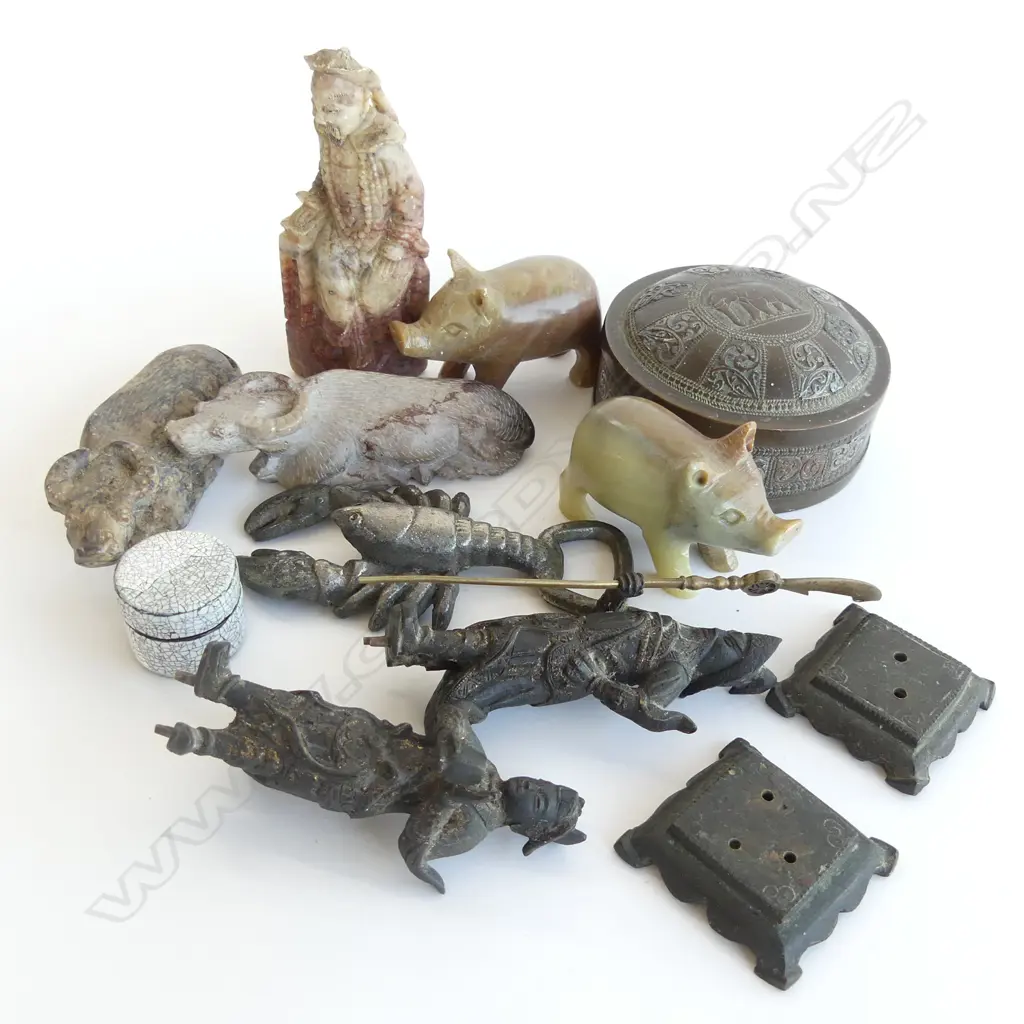 COLLECTION OF ORIENTAL ITEMS; 3 FIGURES; 4 CARVED STONE ANIMALS, LIDDED BOX ETC Image 1++