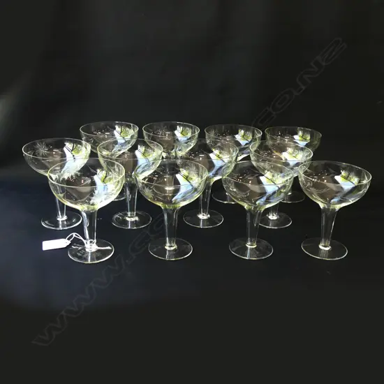 12 HOLLOW STEMMED CHAMPAGNE GLASSES - MATCHING WITH ETCHED DECORATION H 310MM