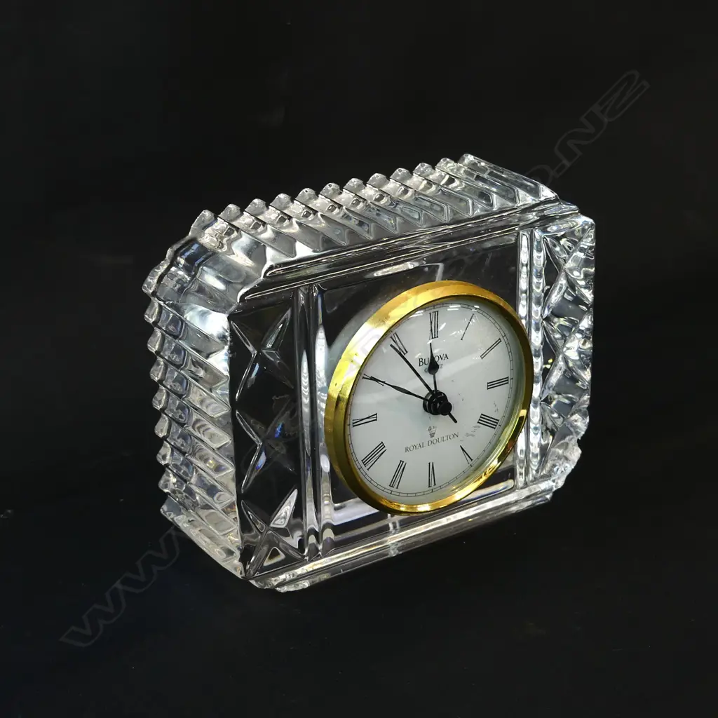 ROYAL DOULTON CRYSTAL CLOCK WITH QUARTZ MOVEMENT AF CHIP TO CORNER H. 105mm Image 1++