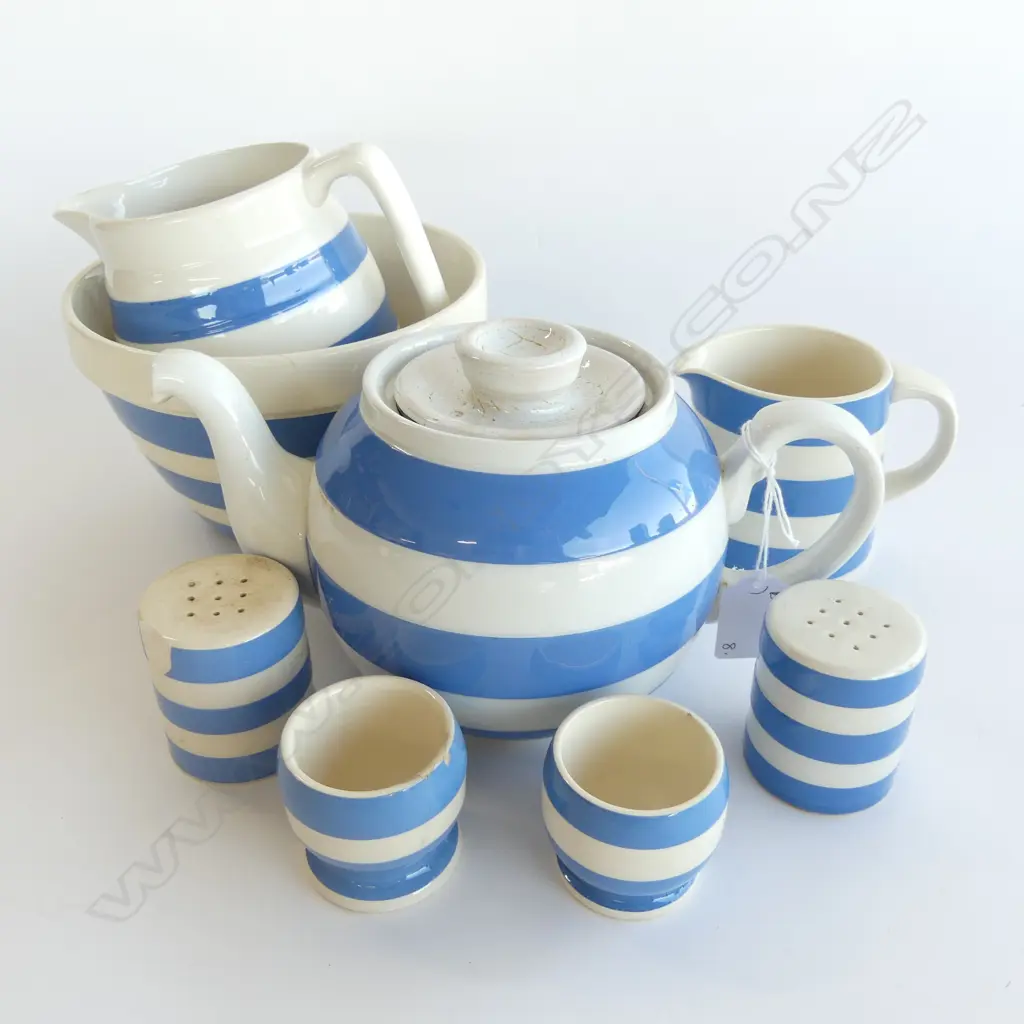 8 PCES T. G. GREEN CORNISHWARE; TEAPOT, BOWL, 2 JUGS, 2 EGGCUPS, SALT & PEPPER (AF) Image 1++
