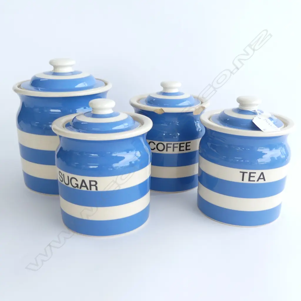 4 T. G. GREEN CORNISHWARE LIDDED CONTAINERS; COFFEE (AF), SUGAR, TEA & UNMARKED H.200mm Image 1++