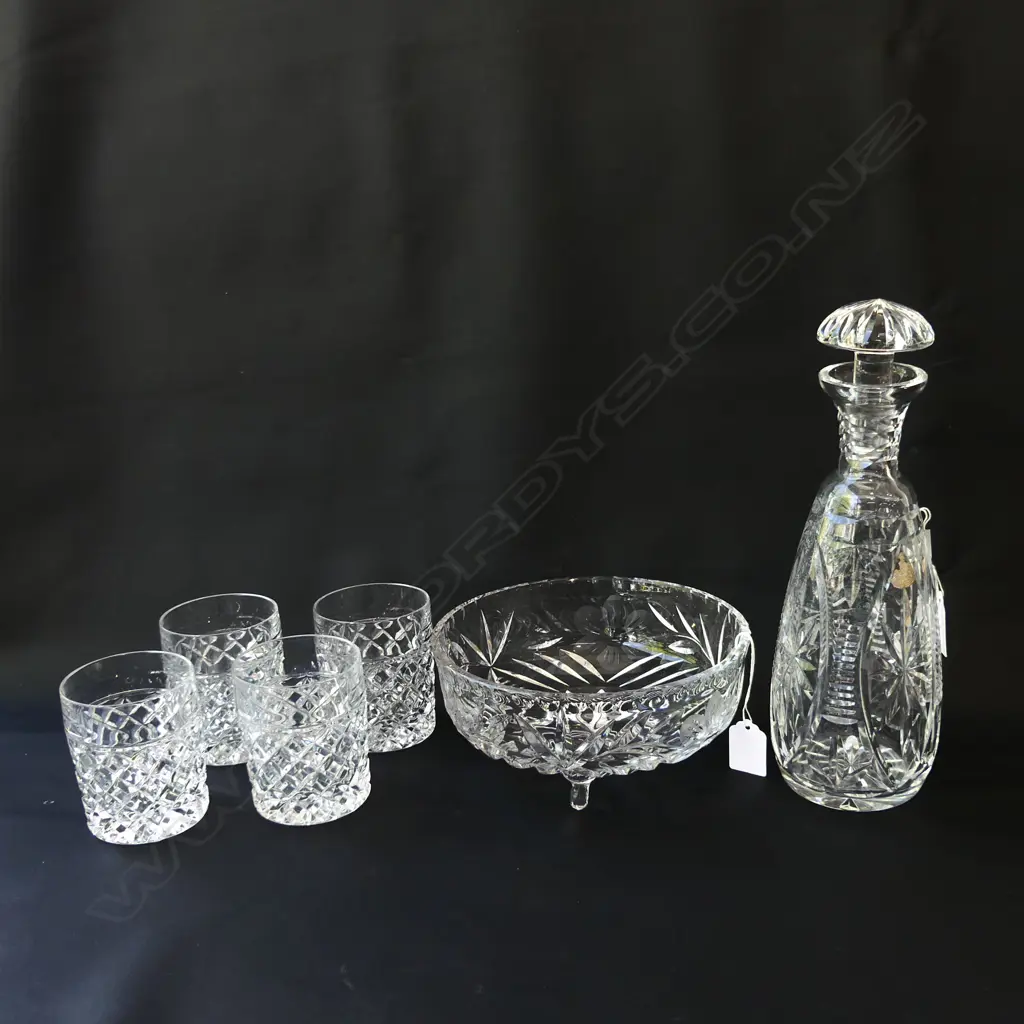 CRYSTAL FOOTED BOWL + DECANTER + FOUR WHISKY TUMBLERS Image 1++