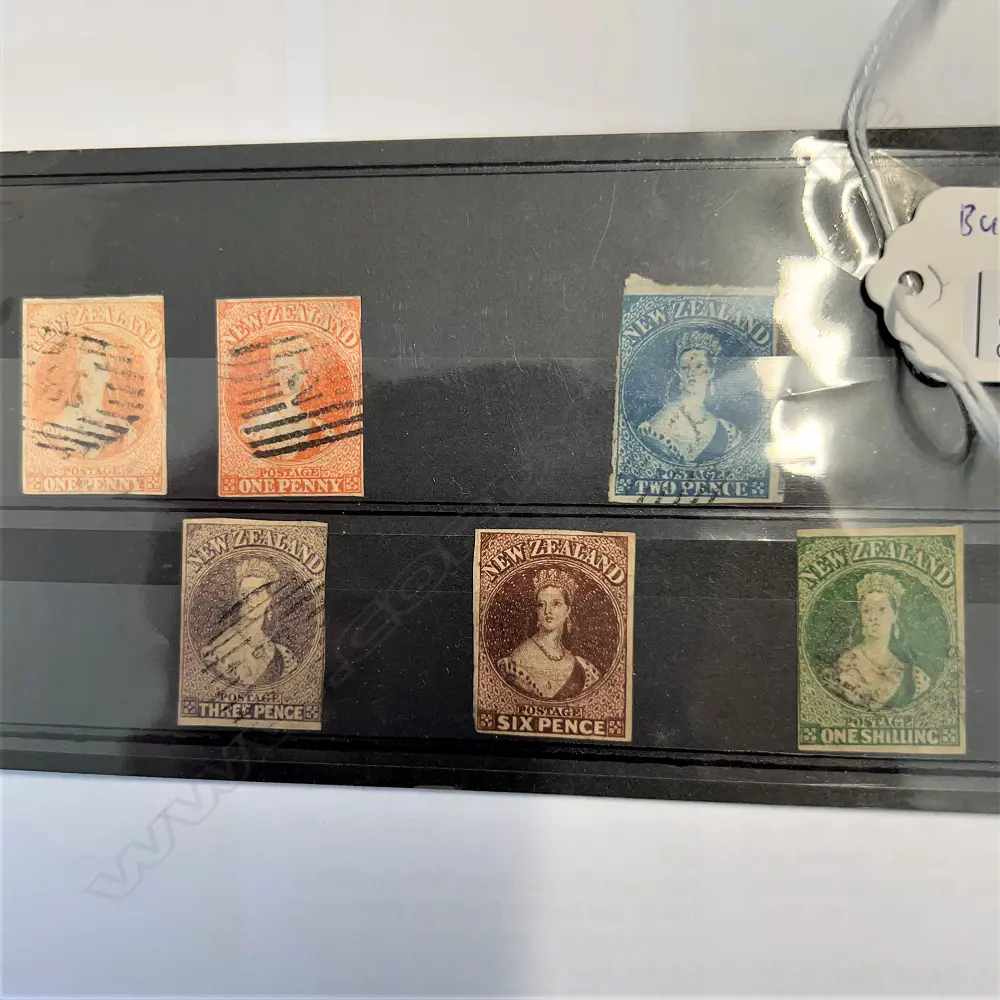 6x rare 1855 NZ FULL FACE QUEENS IMPERF USED: 2x 1d. 2d. 3d. 6d. & 1/- GREEN Image 1++