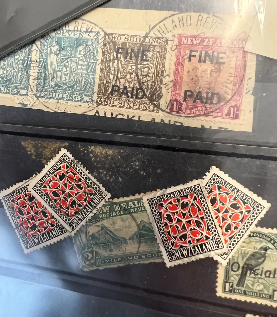 NZ EARLY STAMPS: 2/- 1898 Pict.  6x 9d 1935 Pict. 1953 'Fine Paid etc Image 1++