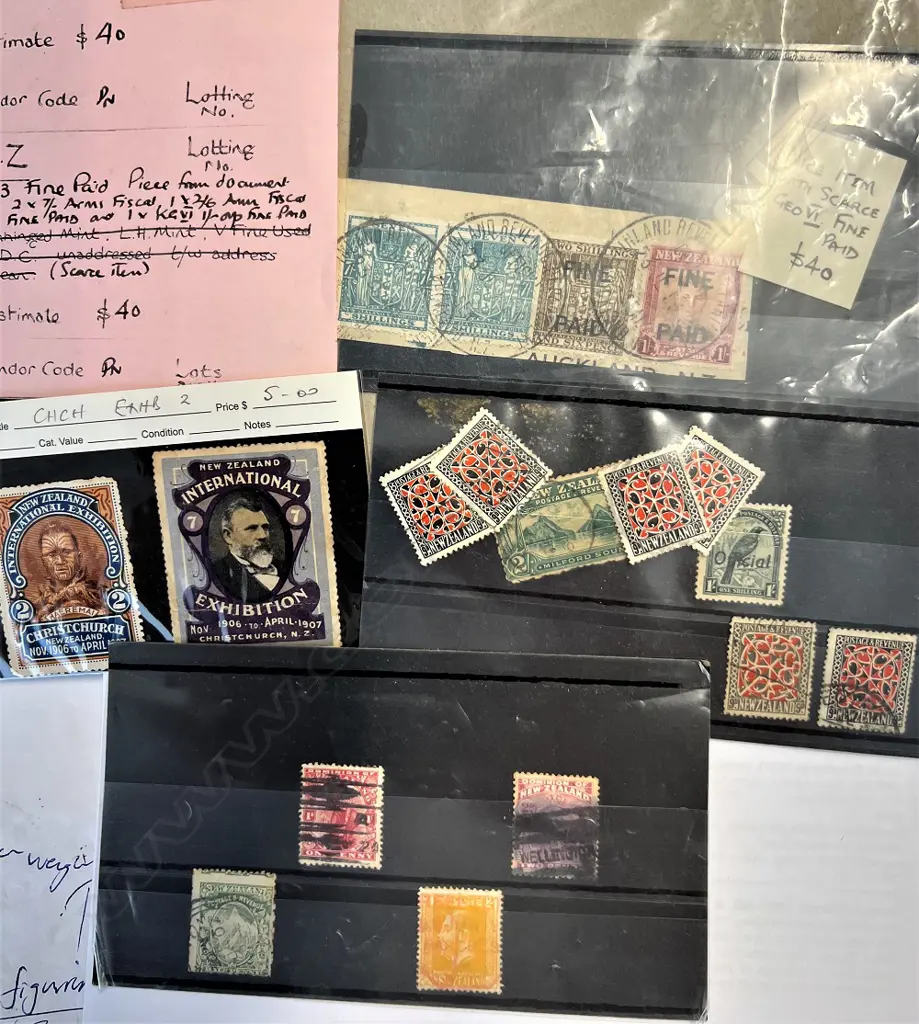NZ EARLY STAMPS: 2/- 1898 Pict.  6x 9d 1935 Pict. 1953 'Fine Paid etc Image 1++