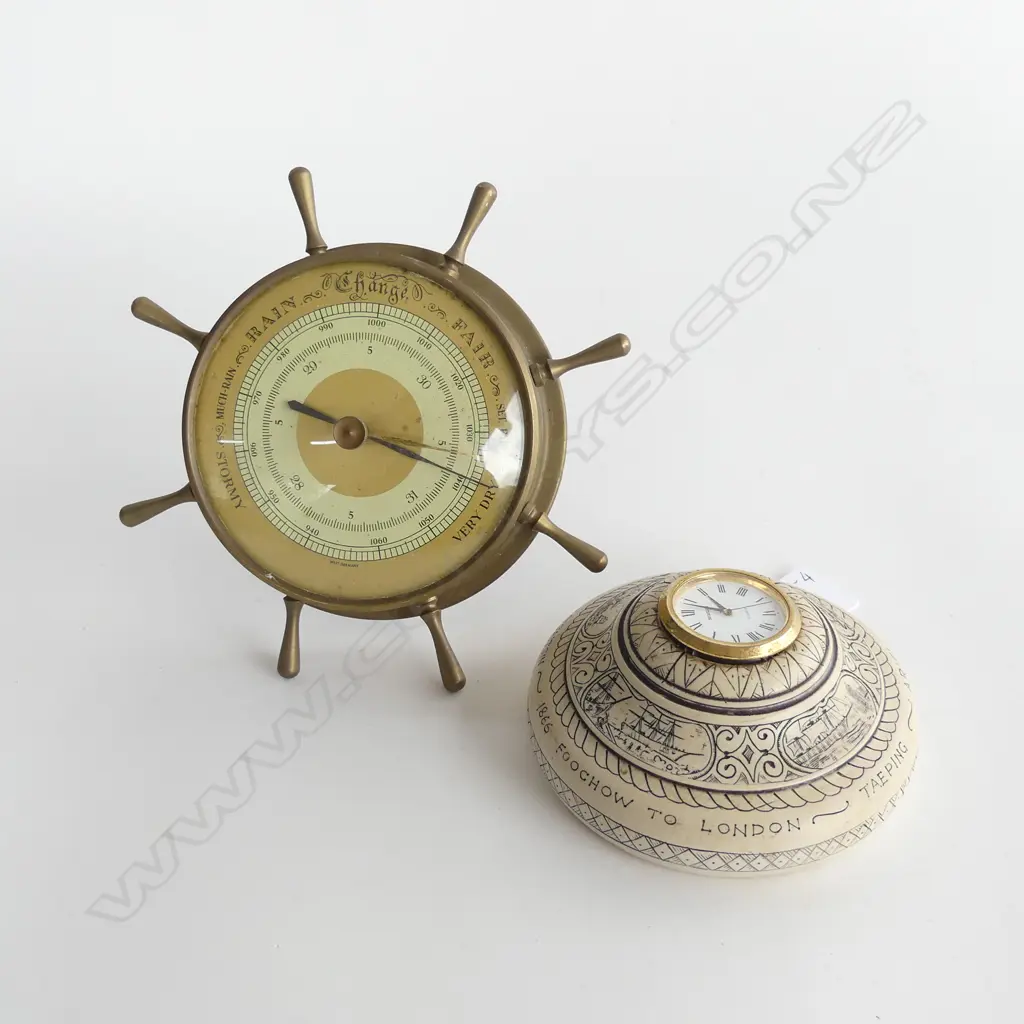 OLD BRASS DESK SHIPS WHEEL BAROMETER (DIA 150MM) + REPLICA 1866 FOOCHOW TO LONDON SOUVENIR DESK CLOCK (DIA 110MM) Image 1++