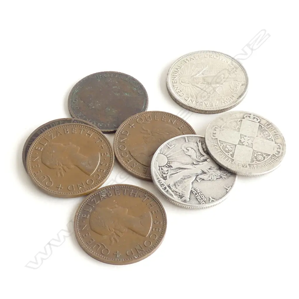 8 SILVER & COPPER COINS: 5 COPPER PENNIES + 1943 HALF $1 ETC Image 1++
