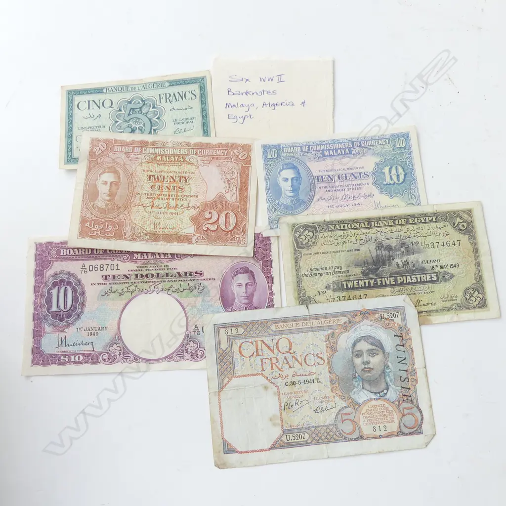 SIX WW2 BANK NOTES MALAYA, ALGERIA, EGYPT. Image 1++