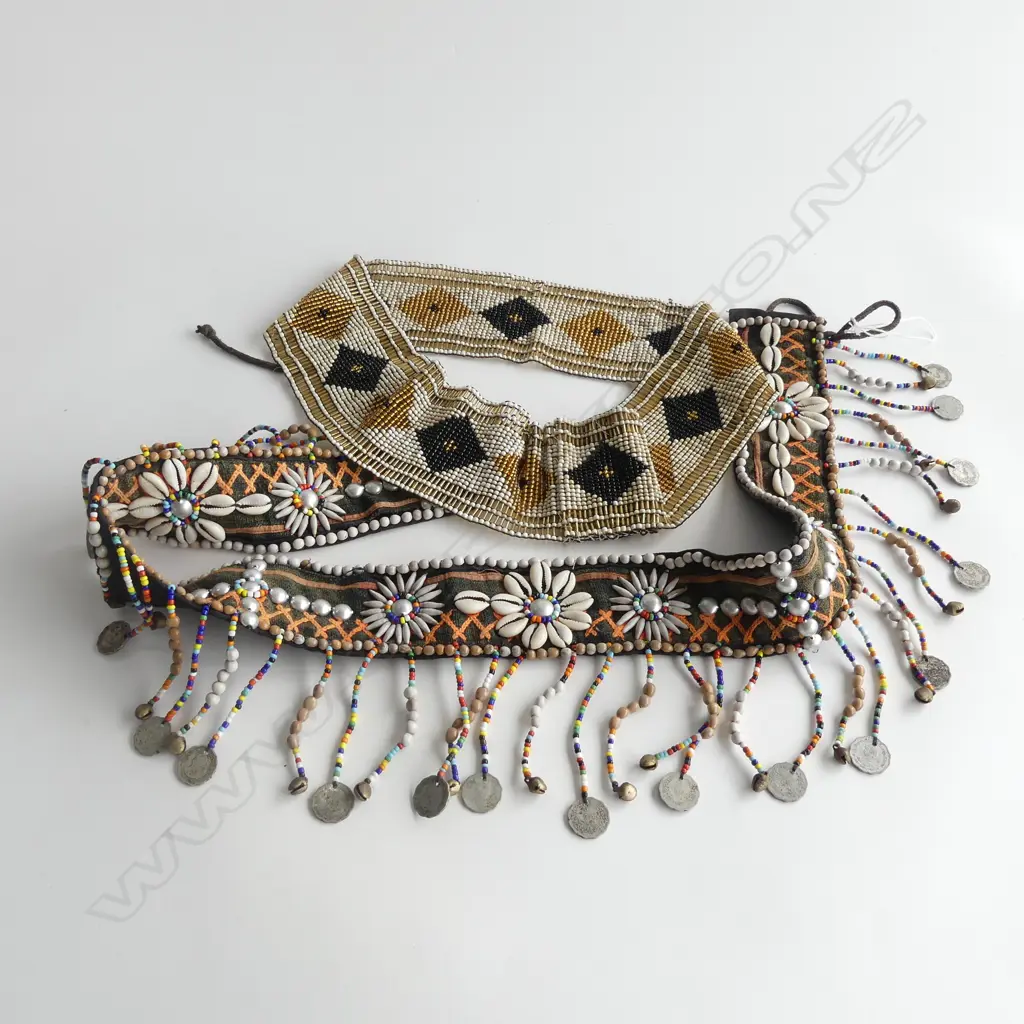 LADIES DECORATIVE BELT  - BAND WITH SHELLS, BEADS, COINS & CROSS STITCH + WIDE ELASTICATED BEADED BELT Image 1++