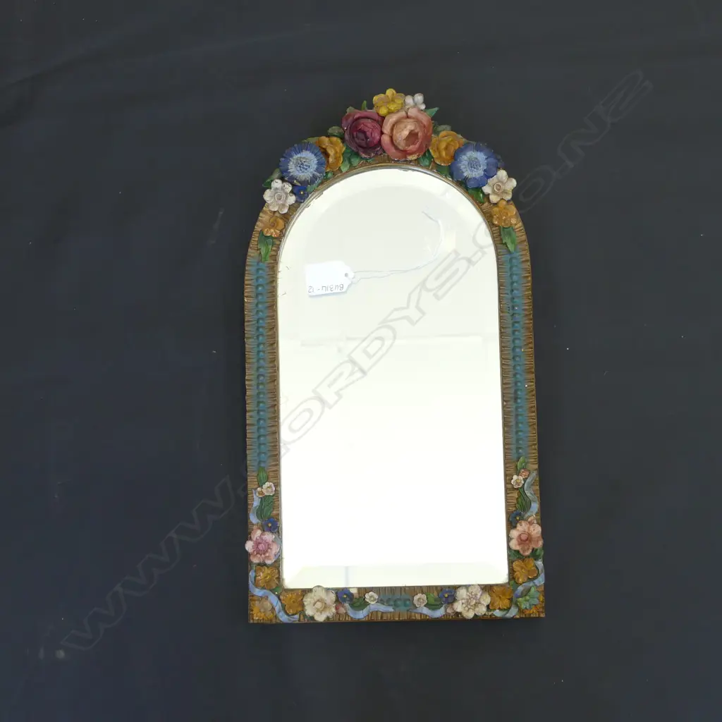 OVAL TABLE OR BEVELLED WALL MIRROR - FRAME ENCRUSTED WITH FLOWERS 400 X 220MM Image 1++