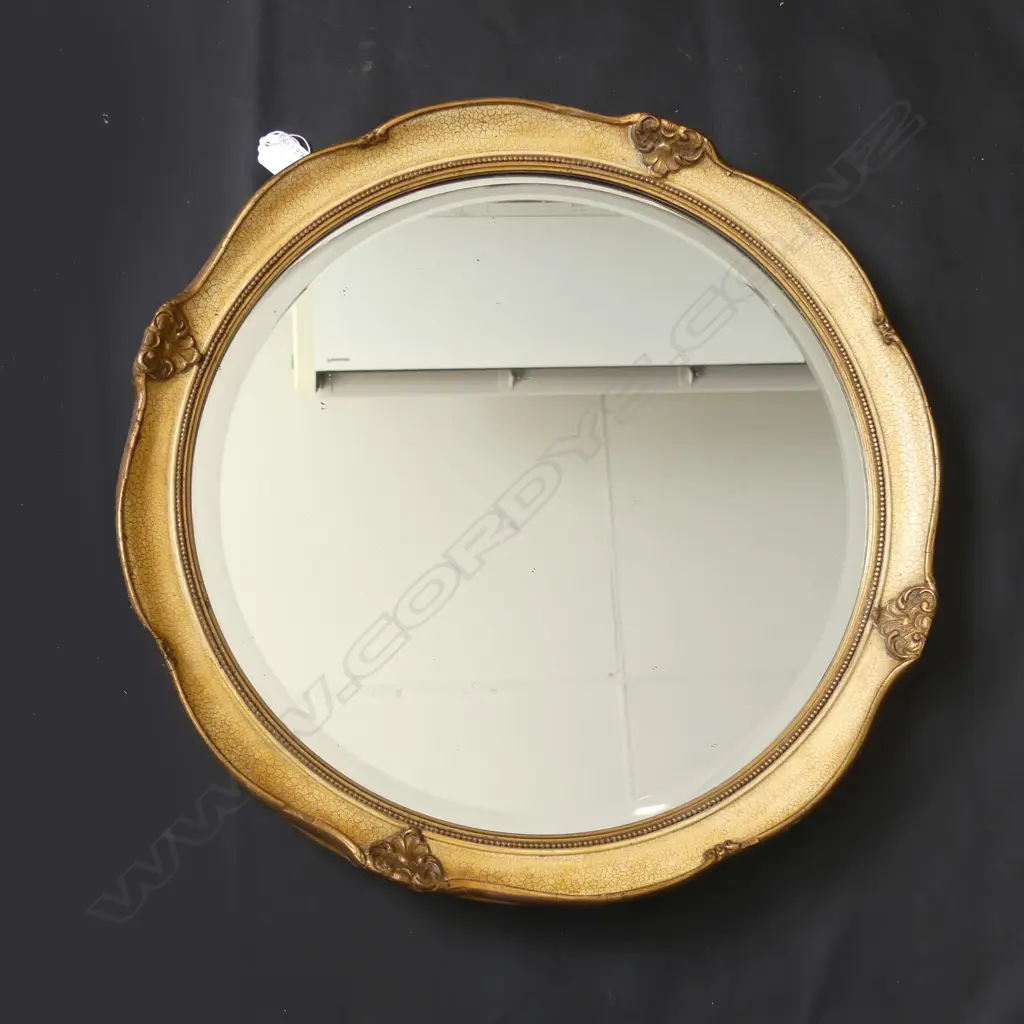 CRACKLE GLAZE & GILT ROUND BEVELLED WALL MIRROR DIA 470MM Image 1++