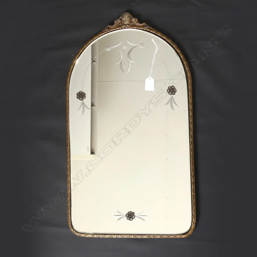 ART NOUVEAU GILT FRAMED BEVELLED MIRROR - DECORATIVE DESIGNS ON MIRROR  615 X 350MM Image 1++
