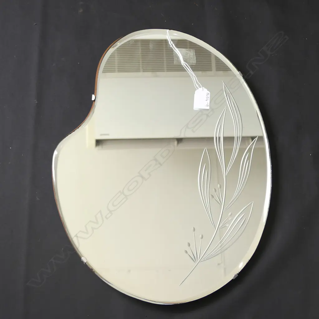 KIDNEY SHAPED BEVELLED WALL MIRROR - DECORATIVE FLOWER TRANSFER TO ONE SIDE 455 X 340MM Image 1++