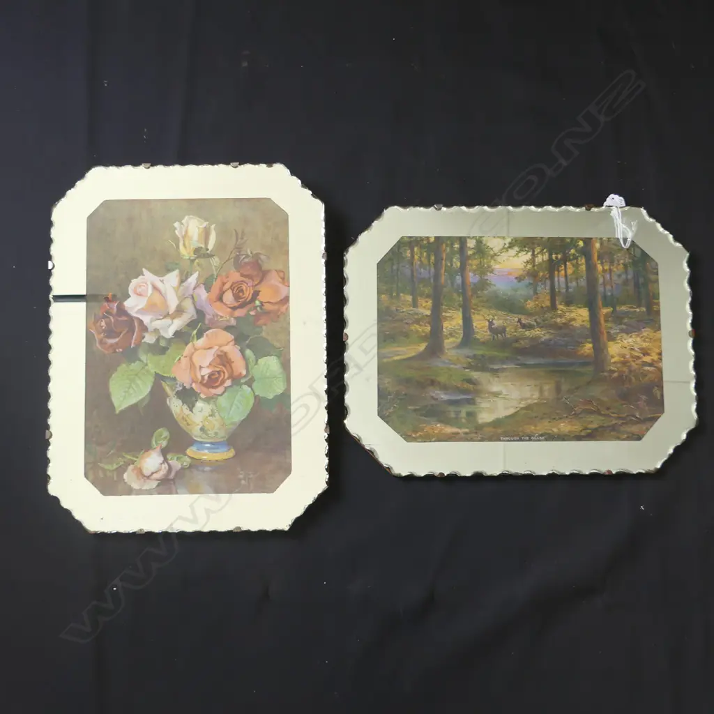 PR WOOD BACKED BEVELLED MIRROR FRAMED PRINTS; 'THROUGH THE GLADE' & STILL LIFE ROSES 305 X 390MM Image 1++