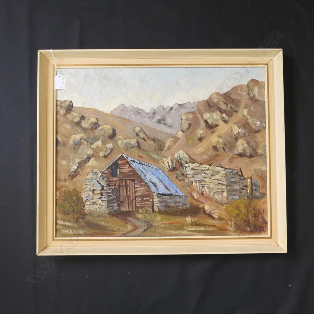 HILDA RIVERS 'OLD MINING HUTS LOWBURN CENTRAL OTAGO' OIL 1964 395x495mm Image 1++