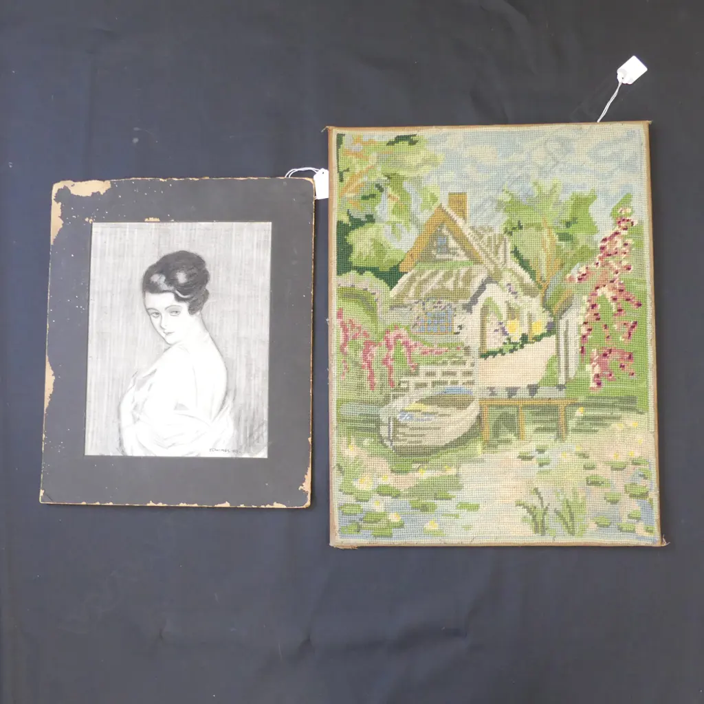P CHARMAN MOUNTED  CHALK / PENCIL ETCHING PORTRAIT - SIGNED 1921 (220 X 285MM) VINTAGE TAPESTRY (400 X 510MM)  Image 1++