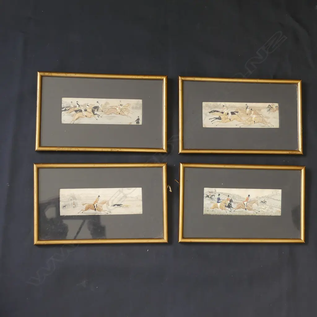 4 VICTORIAN STEVENGRAPH HUNTING SCENE SILK EMBROIDERIES 50x150mm EA Image 1++