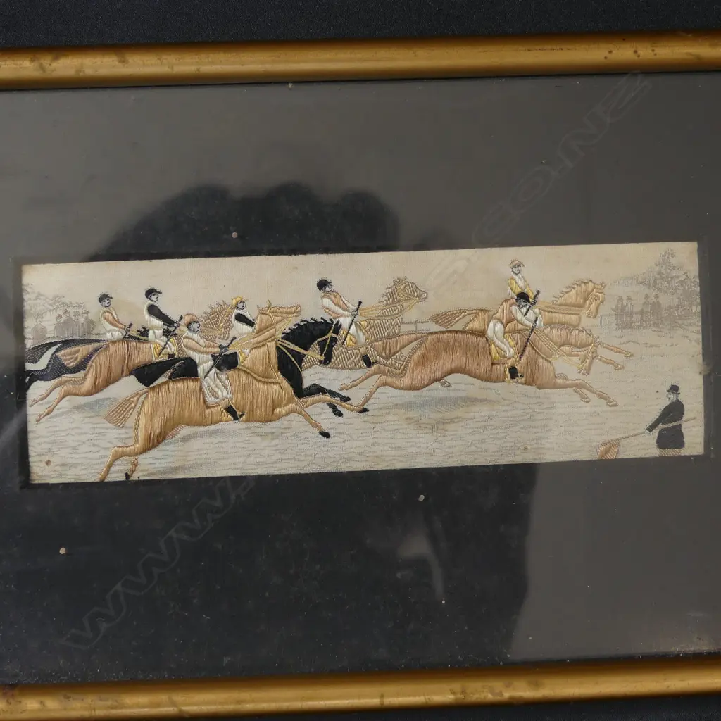 4 VICTORIAN STEVENGRAPH HUNTING SCENE SILK EMBROIDERIES 50x150mm EA Image 1++