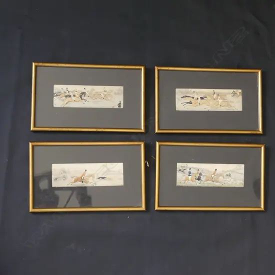 4 VICTORIAN STEVENGRAPH HUNTING SCENE SILK EMBROIDERIES 50x150mm EA