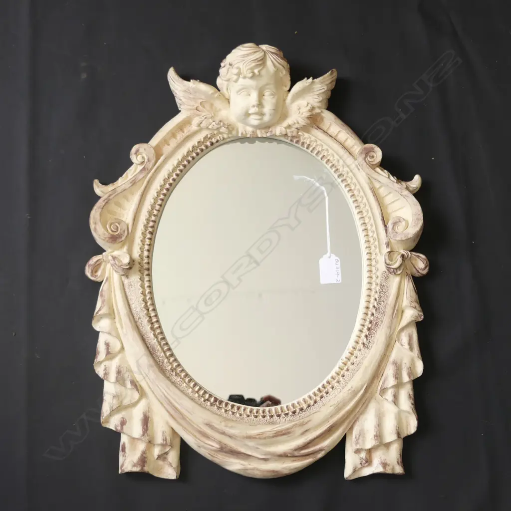 OVAL WALL MIRROR WITH DESTRESSED FRAME WITH ANGEL & SWAGS  500 X 400MM Image 1++