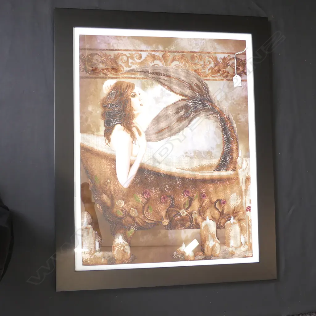 LARGE FRAMED PRINT & GLITTER BEAD MOSAIC OF MERMAID IN BATH 500 X 670MM Image 1++