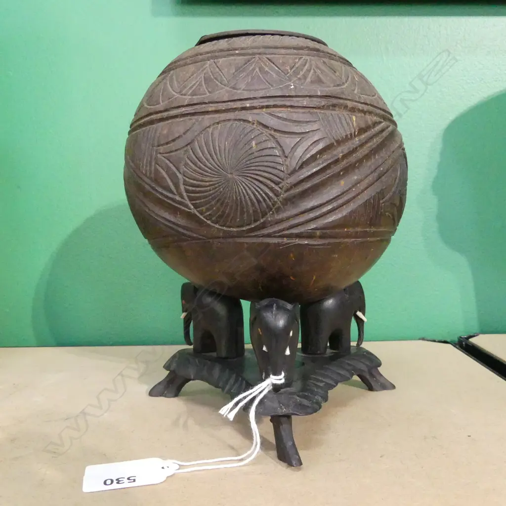 PACIFIC ISLAND CARVED COCONUT BOWL ON ELEPHANT TRIPOD STAND H 200MM (ELEPHANT TUSKS A/F) Image 1++