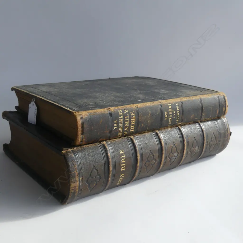 2 VINTAGE LEATHER BOUND FAMILY BIBLES WITH ILLUSTRATIONS & MAPS Image 1++