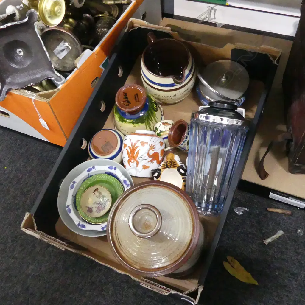 BOX LOT ASST. CERAMICS; TORQUAY WARE, TALL LIDDED SALT GLAZED CONTAINER ETC Image 1++