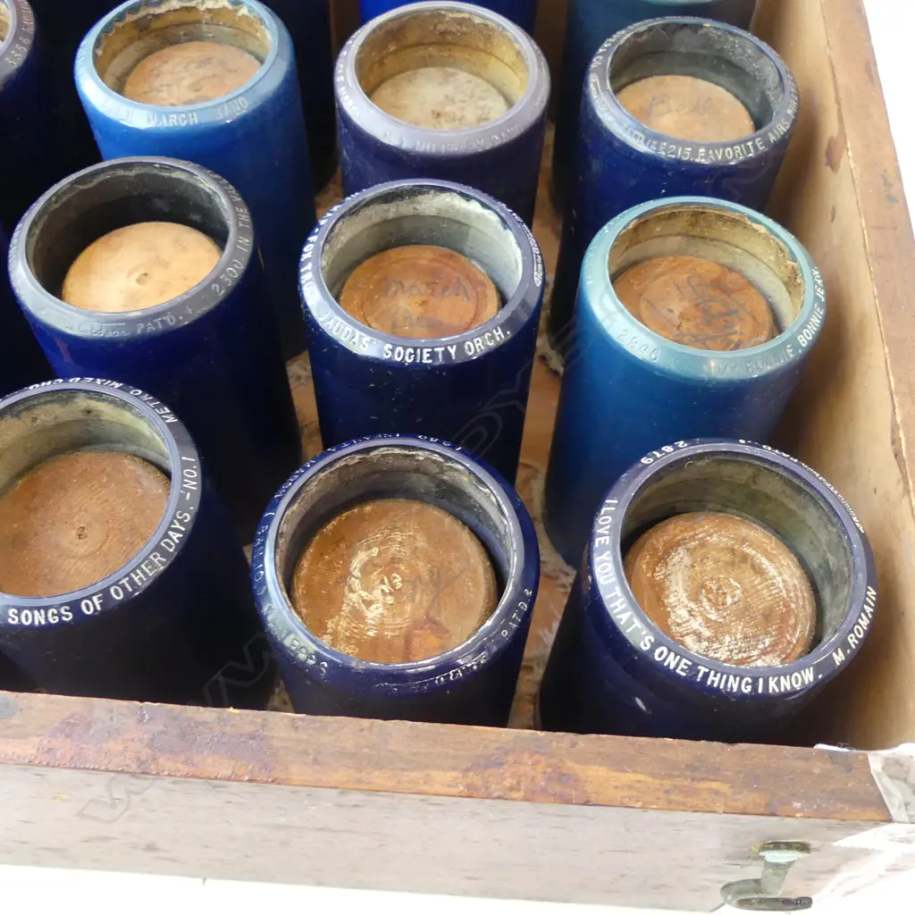 FITTED WOODEN CASE OF 36 EDISON BLUE AMBEROL CYLINDER RECORDS (ONE HINGE NEEDS REPAIR ON BOX) Image 1++