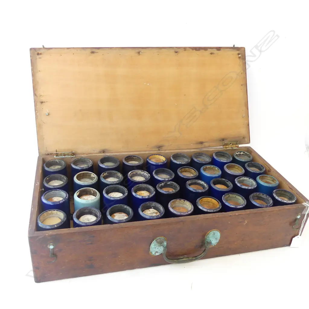 FITTED WOODEN CASE OF 36 EDISON BLUE AMBEROL CYLINDER RECORDS (ONE HINGE NEEDS REPAIR ON BOX) Image 1++