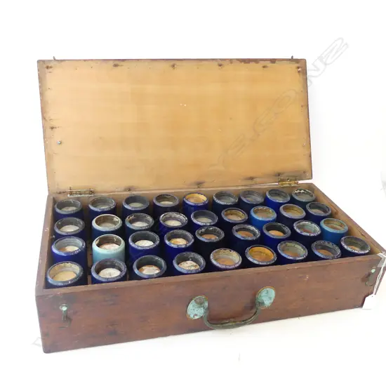 FITTED WOODEN CASE OF 36 EDISON BLUE AMBEROL CYLINDER RECORDS (ONE HINGE NEEDS REPAIR ON BOX)