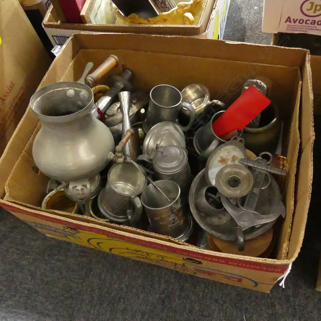BOX LOT ASST. CERAMICS / EP / PEWTER ETC Image 1++