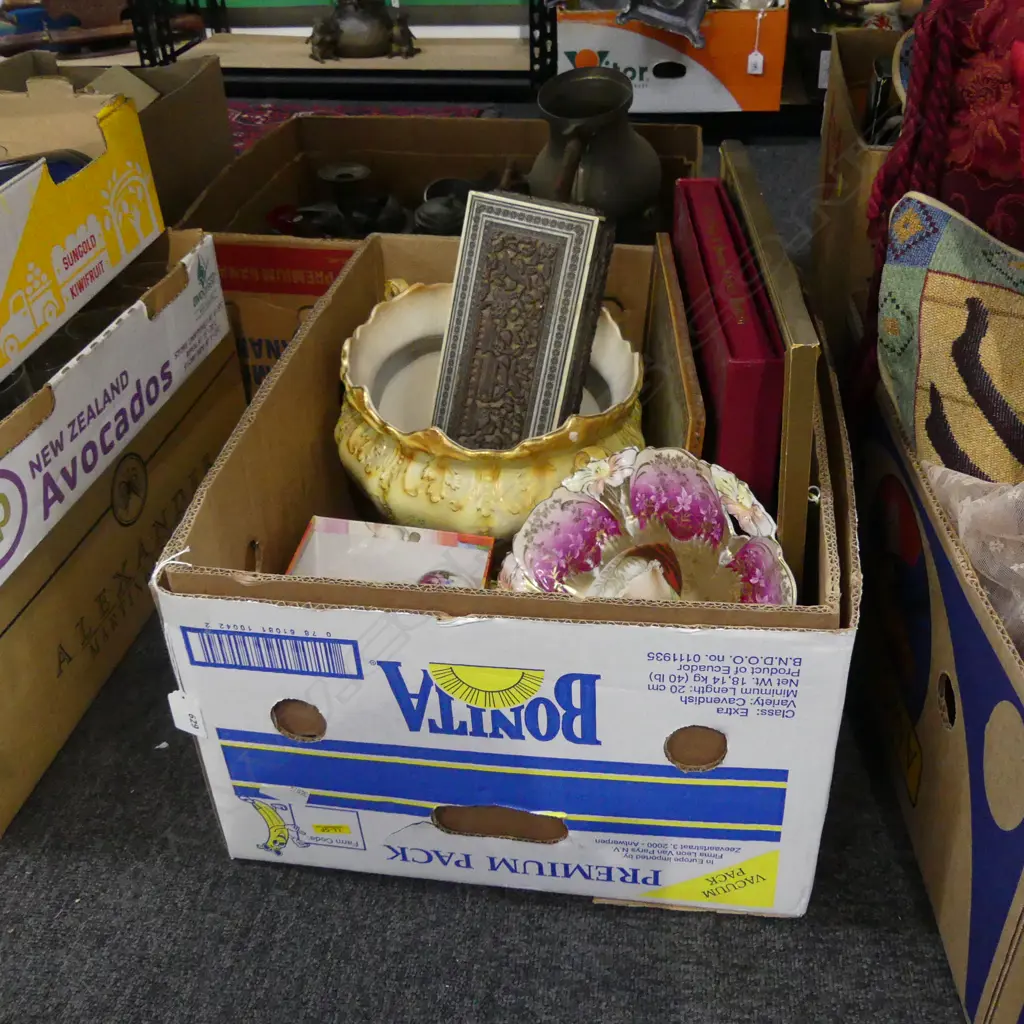 BOX LOT JARINIERE, PLATE, LOWRY PRINT, IVORY PAINTING, INLAID BOX, MINIATURE TEA SET ETC Image 1++