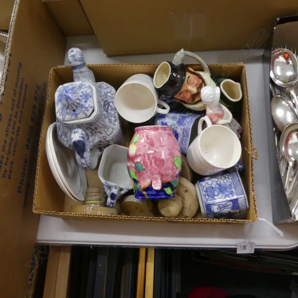 BOX LOT ASIAN TEA SET, 2x CROWN LYNN C/S, ROYAL DOULTON 'TOOTLES' FIGURINE H.120mm, 2 CHARACTER JUGS ETC Image 1++