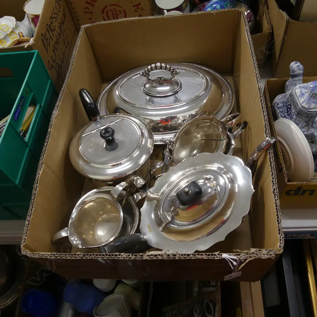 SILVER PLATE TUREEN AND TWO 3 PC TEA SETS Image 1++