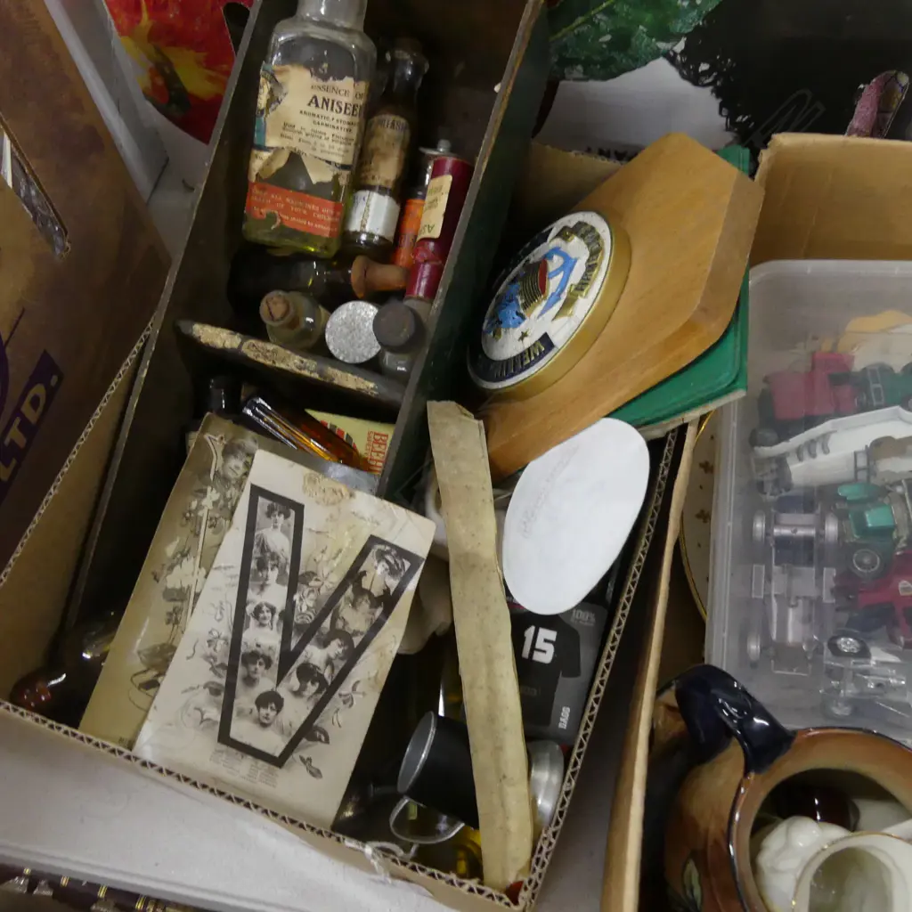 BOX OLD PHARMACY BOTTLES POSTCARDS ETC Image 1++