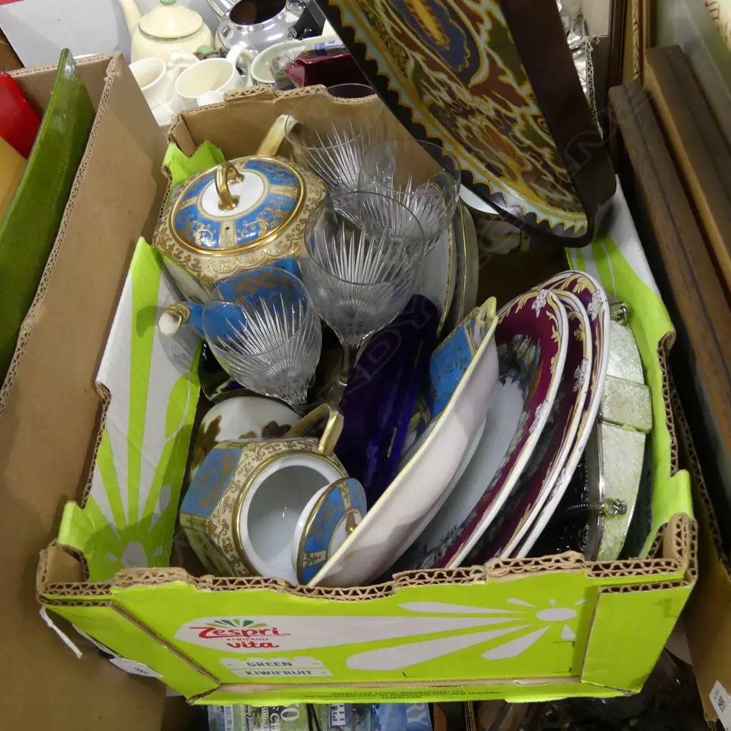 BOX LOT 4 CRYSTAL WINE GLASSES, GOUDA CERAMICS, OROTON HANDBAG, NORITAKE TEA SET ETC Image 1++