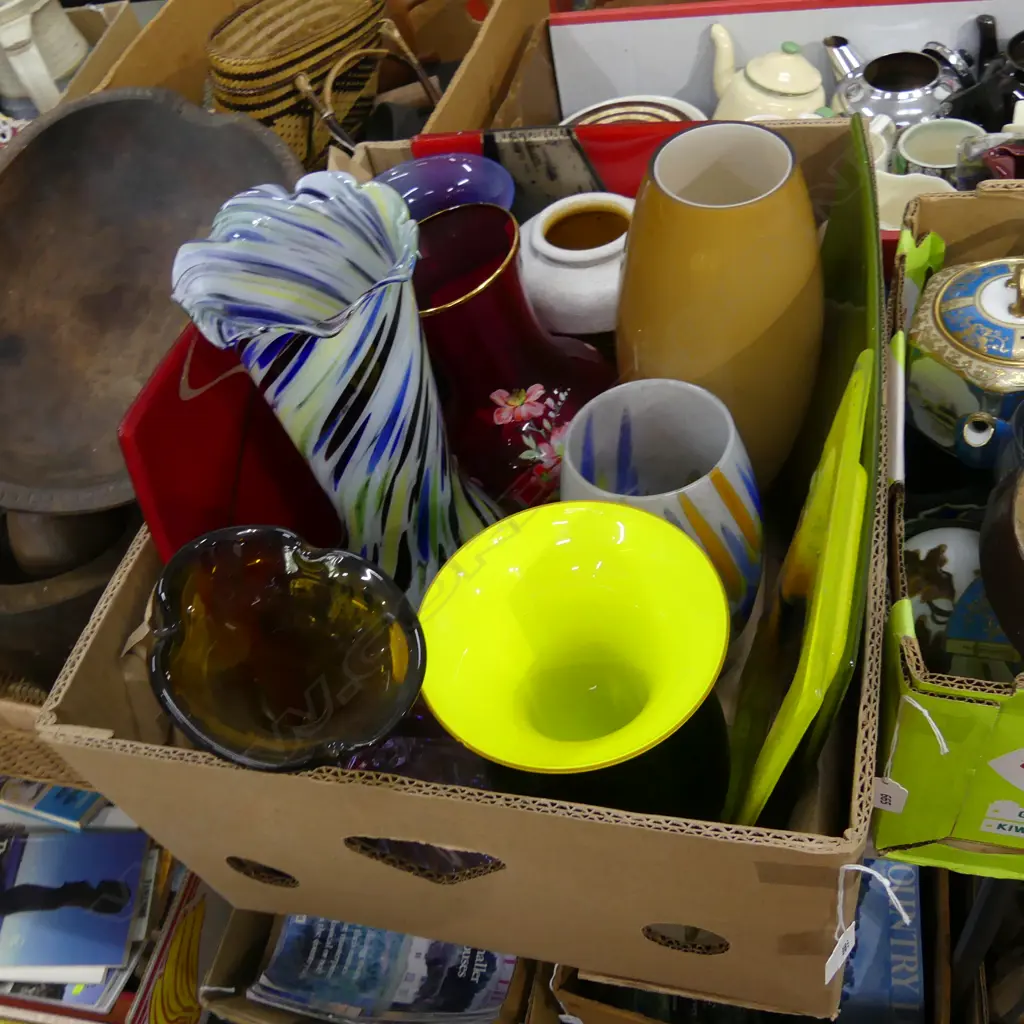 BOX LOT ASST. ART GLASS VASES, DOLPHIN ETC Image 1++