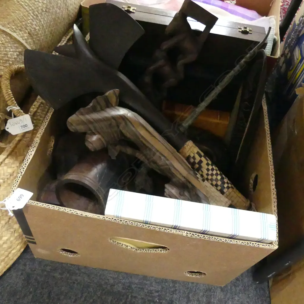 BOX LOT ASST. TRIBAL WOODEN CARVINGS, EMPTY CUTLERY CASE ETC Image 1++