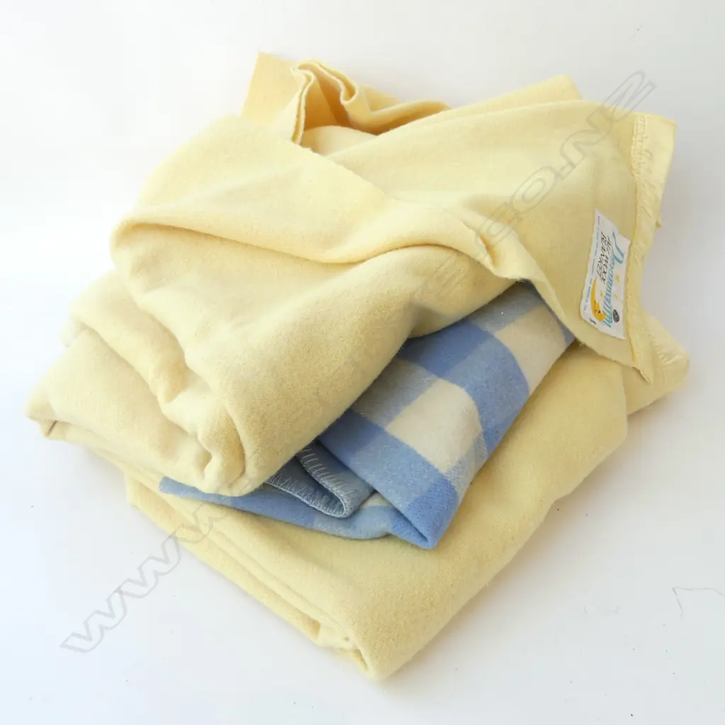 3 VINTAGE WOOLLEN BLANKETS INCL BLUE CHECK Image 1++