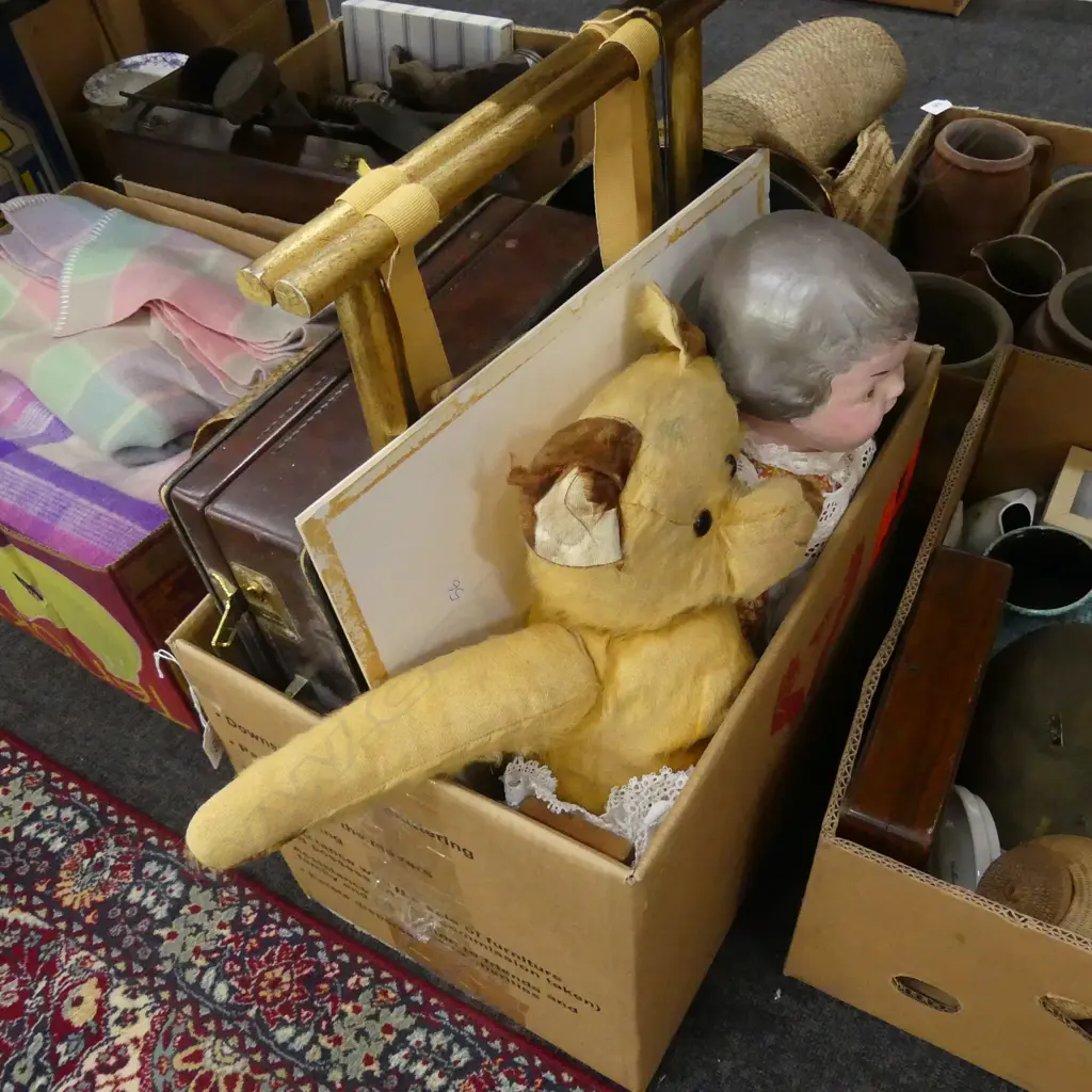 BOX LOT DOLL, TEDDY, SUITCASE, STAND, LACE ETC Image 1++