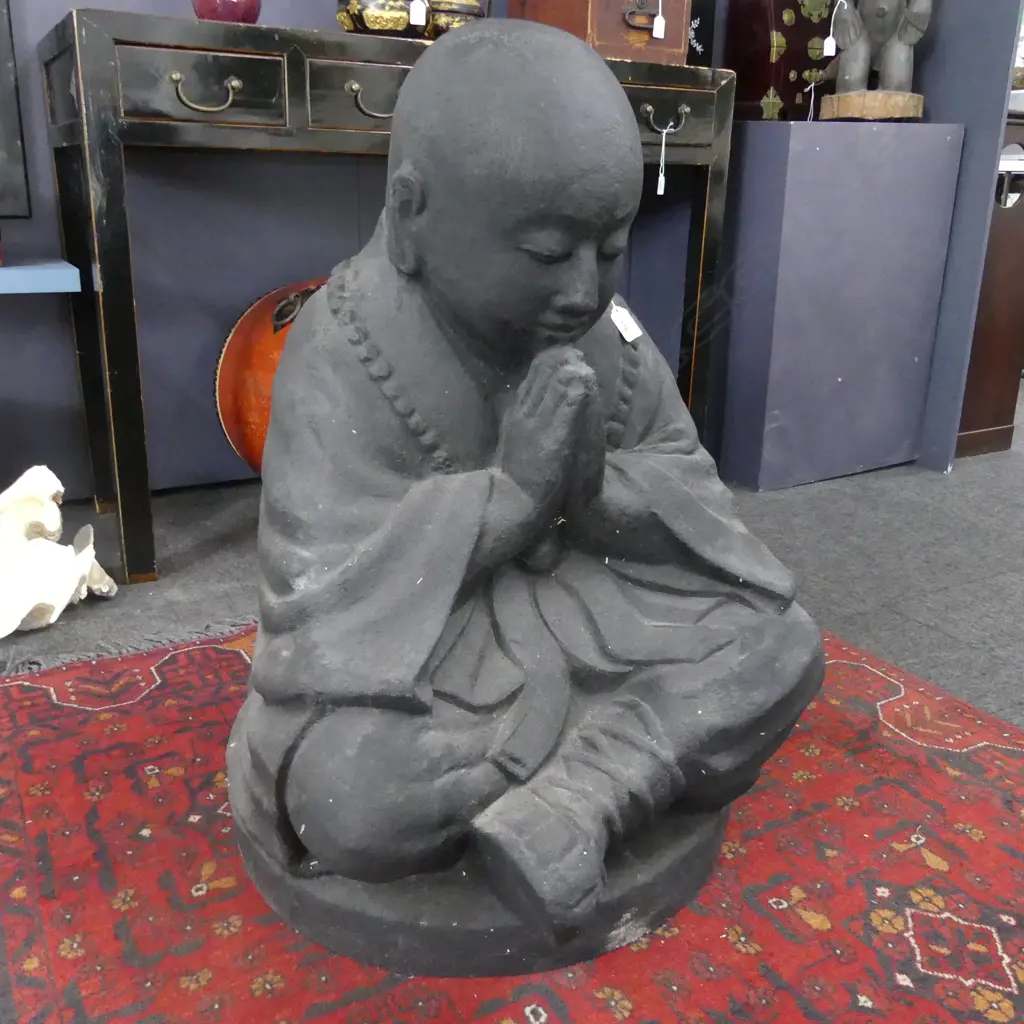 LARGE BUDDHA STATUE MEDITATING CONCRETE PAINTED BLACK VERY HEAVY H. 800mm Image 1++