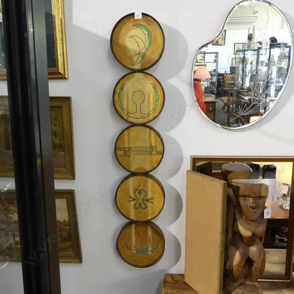 JAC DWYER MIXED MEDIA ARTWORK 'TAKE' 1995; 5 STACKED CIRCLES OF 195mm dia w. SYMBOLS  H.1980mm Image 1++