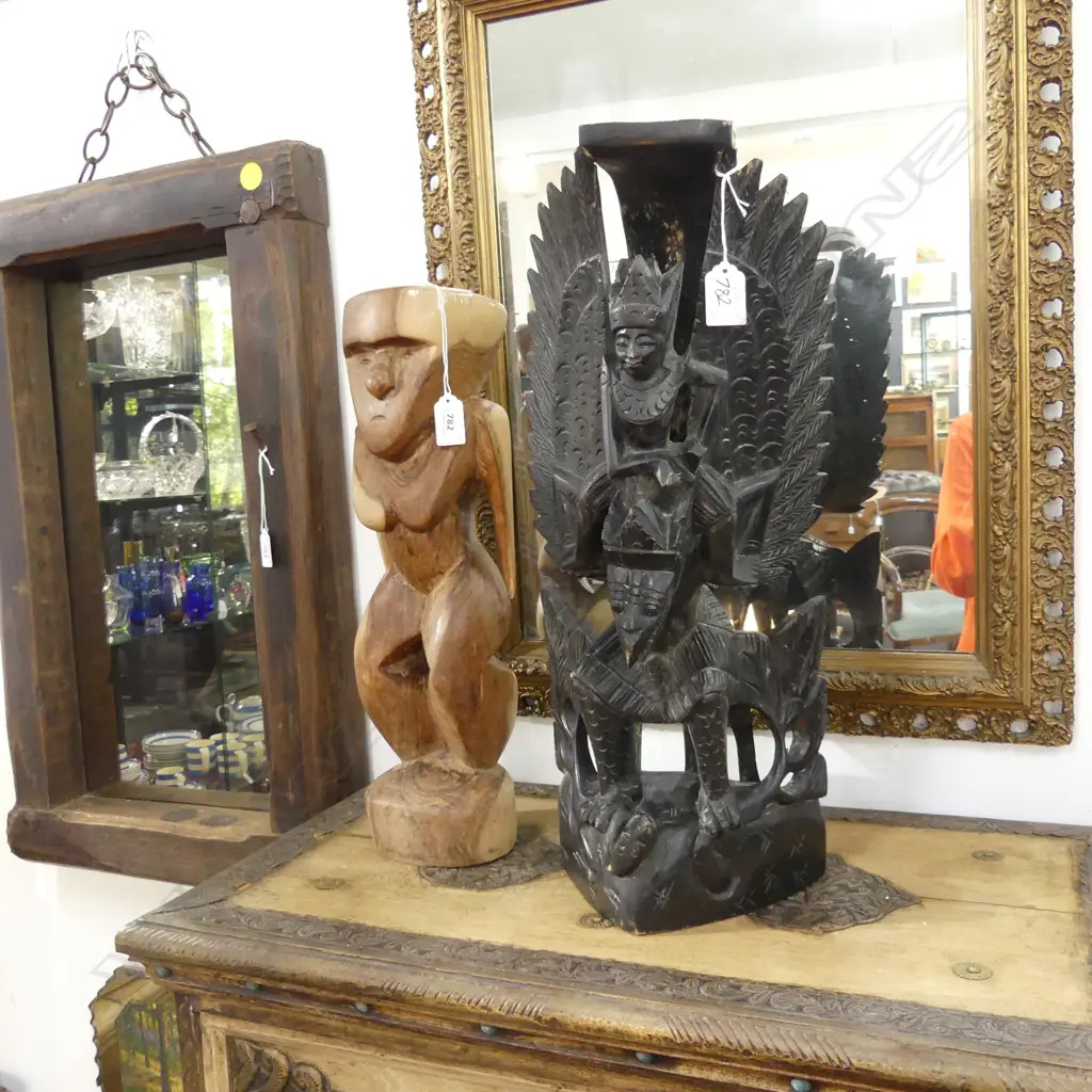 2 CARVED WOOD FIGURES; INDONESIAN & OTHER H.500mm Image 1++