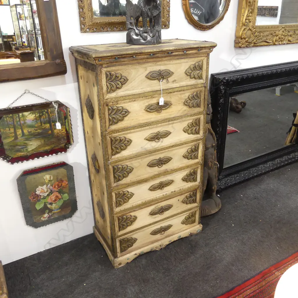INDONESIAN WOODEN 7 DRAWER TALL BOY CHEST w. METAL DETAIL 655x365x1195mm Image 1++