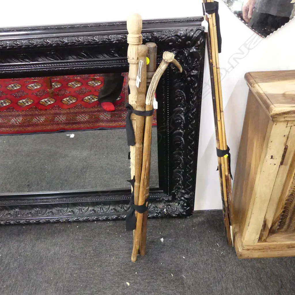 4 CARVED WOODEN WALKING STICKS; 1 w. STAG HORN HANDLE L.980mm Image 1++