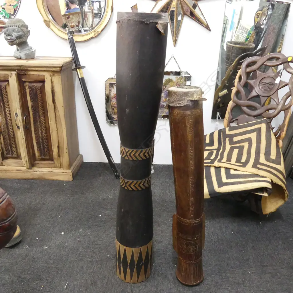 2 PNG TRIBAL CARVED WOODEN DRUMS H.990 / 780mm Image 1++