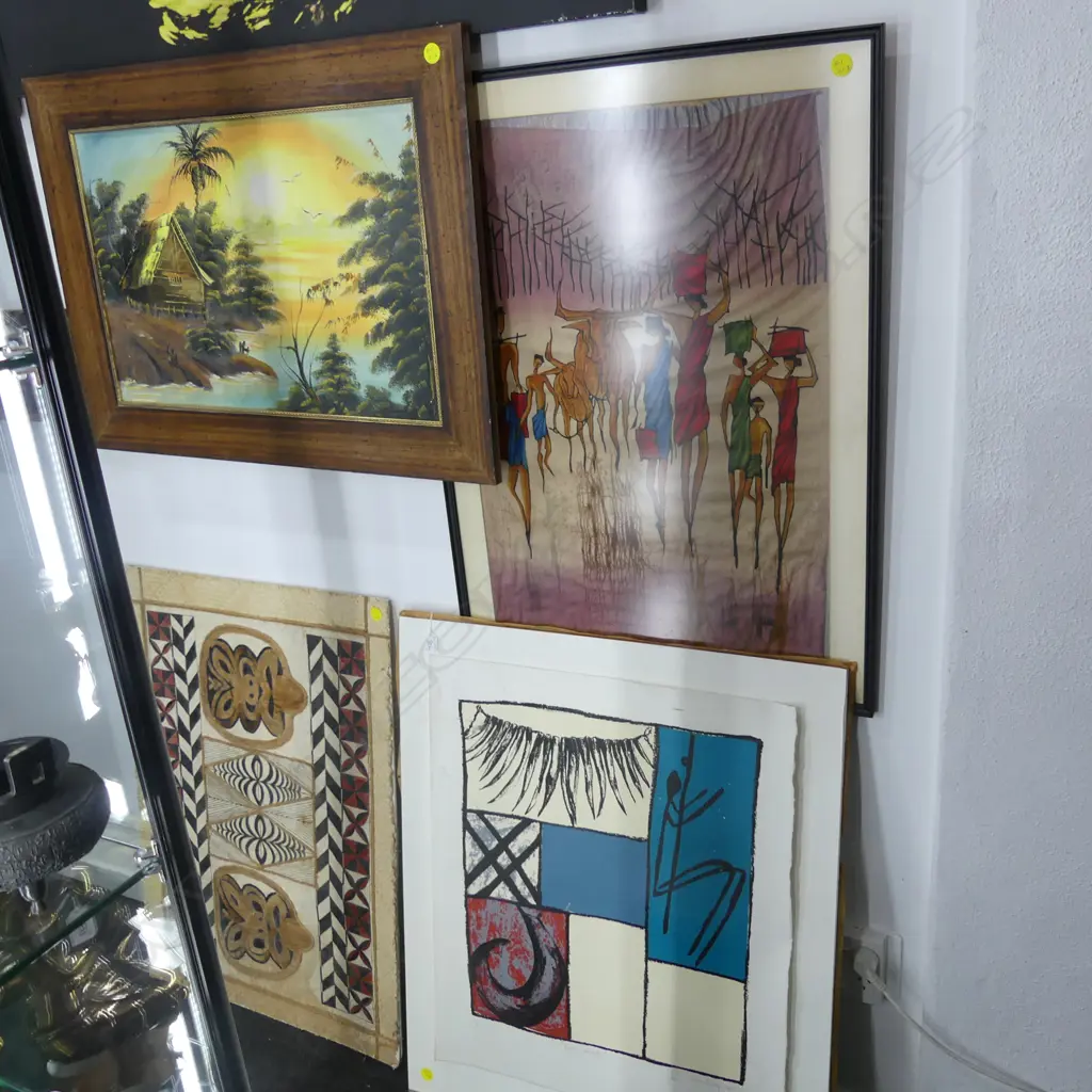 4 LARGE ARTWORKS; TAPA, OIL, BATIK, UNFRAMED DAGMAR DYCK SCREENPRINT 1/6 710x600mm Image 1++