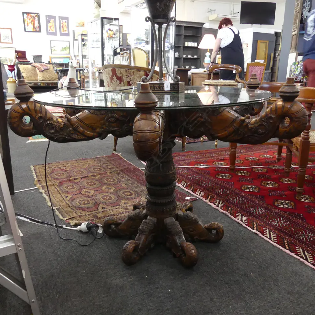CARVED WOODEN TABLE w. ELEPHANT DESIGN  Image 1++