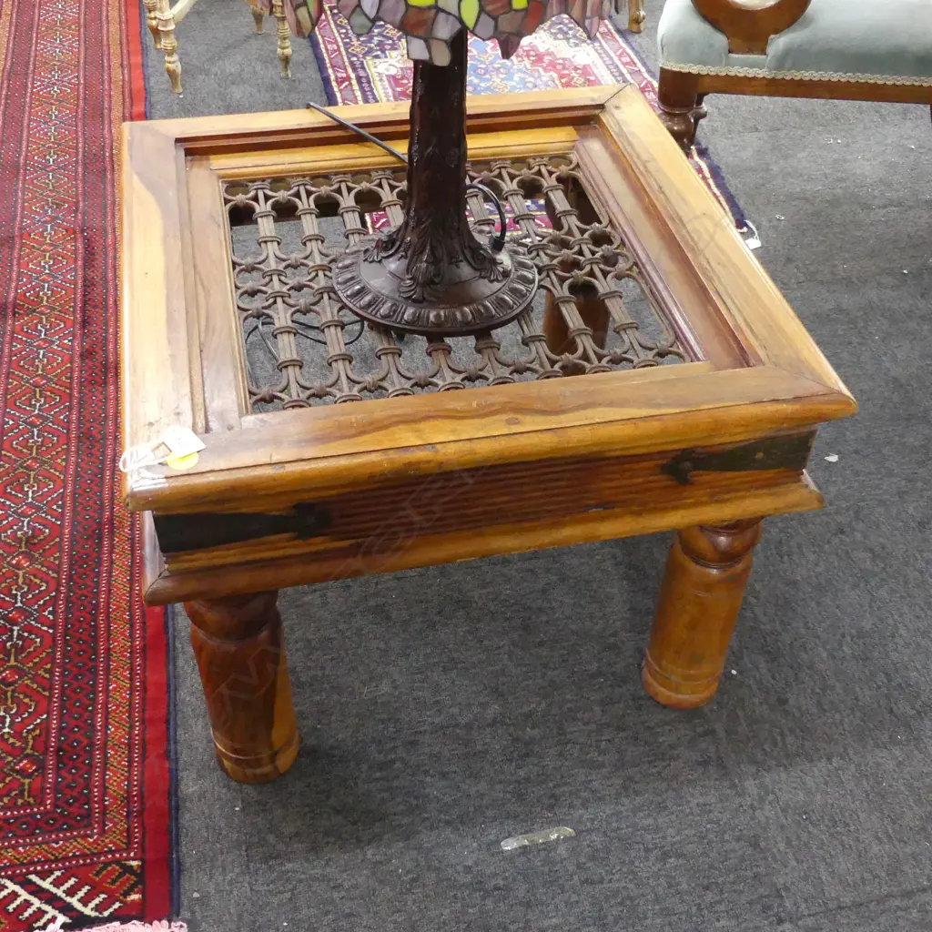 SML SQUARE TEAK COFFEE TABLE w. METAL DESIGN 610x610x450mm Image 1++
